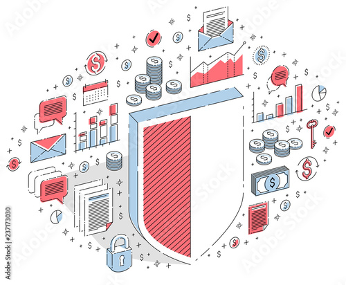 Protection of finances concept, financial safety, Life Buoy and Shield isolated on white background. Vector 3d isometric business illustration with icons, stats charts and design elements.