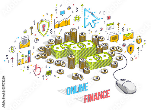 Online finance concept, web payments, internet earnings, online banking, money stacks with computer mouse. Isometric 3d vector finance illustration with icons, stats charts and design elements.