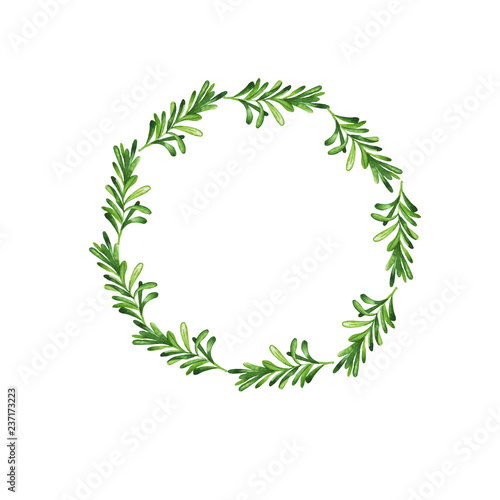 Green rosemary branch herbal frame isolated on white background. Hand drawn watercolor illustration.