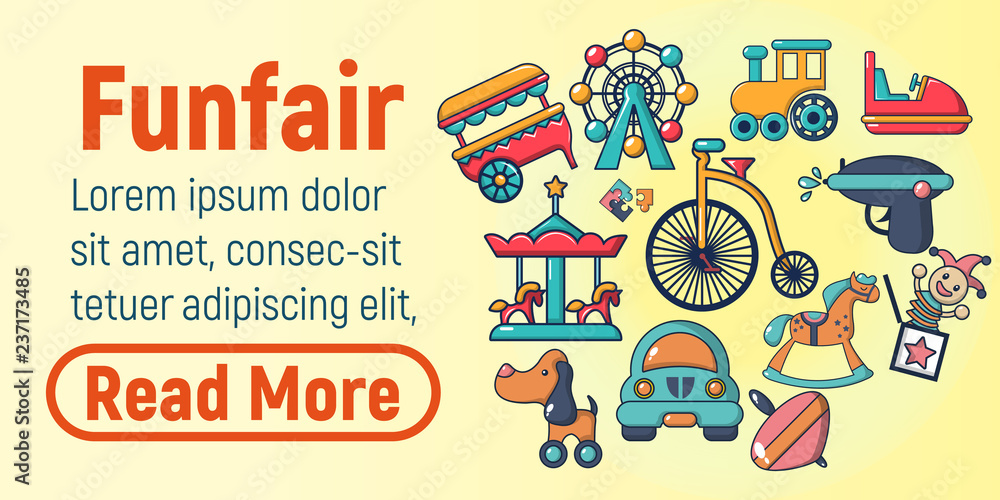 Naklejka premium Funfair concept banner. Cartoon banner of funfair vector concept for web, giftcard and postcard