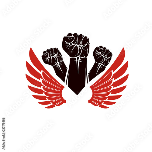 Winged clenched fists of angry people vector emblem. People demonstration, fighting for their rights and freedom.