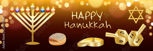 Happy hanukkah banner. Realistic illustration of Happy hanukkah vector banner for web design