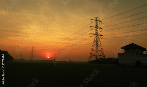 Wire electrical energy at sunset 
