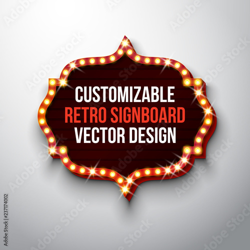 Vector retro signboard or lightbox illustration with customizable design on clean background. Light banner or vintage bright billboard for advertising or your project. Show, night events, cinema or