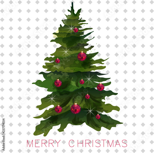 Christmas tree card Vector watercolor. Holiday invitation Christmas tree with...