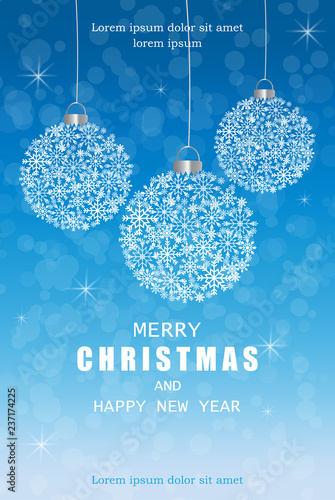 Merry Christmas snowflakes decorations card in winter frost Vector. Blue beautiful holiday cards. Snowing blurry backgrounds