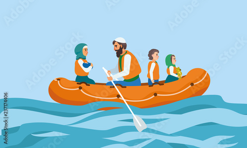 Boat immigrant family concept banner. Flat illustration of boat immigrant family vector concept banner for web design