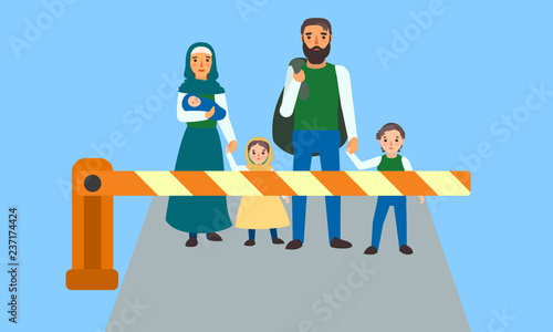Immigrant people at border concept banner. Flat illustration of immigrant people at border vector concept banner for web design