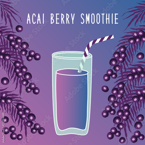 Cute frame with glass of acai berries smoothie, hand drawn elements with lettering and gradient background