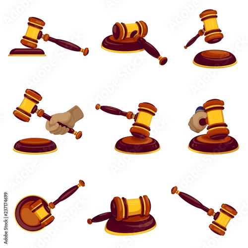 Judge hammer icon set. Cartoon set of judge hammer vector icons for web design