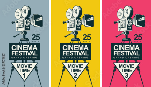 Set of three vector posters for cinema festival with old fashioned movie camera on the tripod in retro style. Can be used for flyer, ticket, poster, web page. Movie time 1, movie time 2, movie time 3 photo