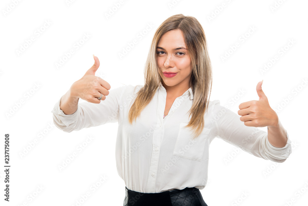 Portrait of beautiful business woman showing double like gesture Portrait of beautiful business woman showing double like gesture