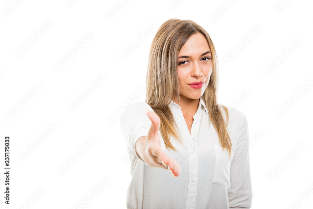 Young pretty business woman offering hand shake Young pretty business woman offering hand shake