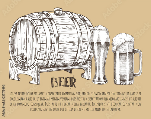 Beer Barrel and Glass Vintage Hand Drawn Poster
