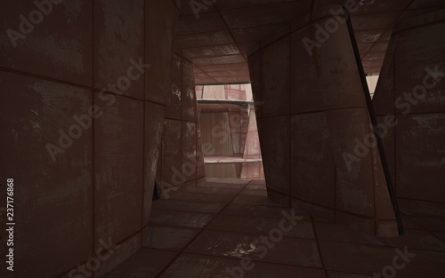 Empty smooth abstract room interior of wood and sheets rusted metal with glass green surface. Architectural background. 3D illustration and rendering