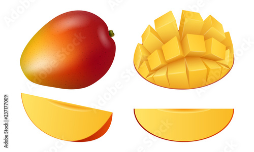 Mango fruit icon set. Realistic set of mango fruit vector icons for web design