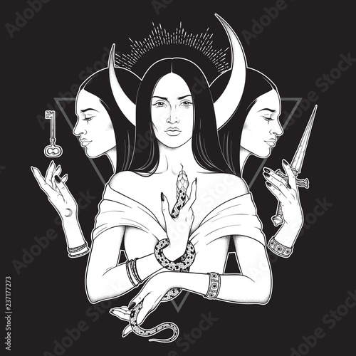 Triple lunar Goddess Hecate ancient Greek mythology hand drawn black and white isolated vector illustration. Blackwork, flash tattoo or print design.