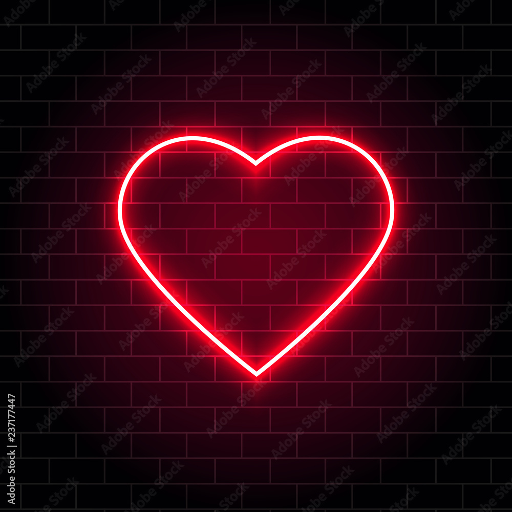 Neon heart. Bright night neon signboard on brick wall background with backlight. Retro red neon heart sign. Romantic design for Happy Valentines Day. Night light advertising. Vector illustration