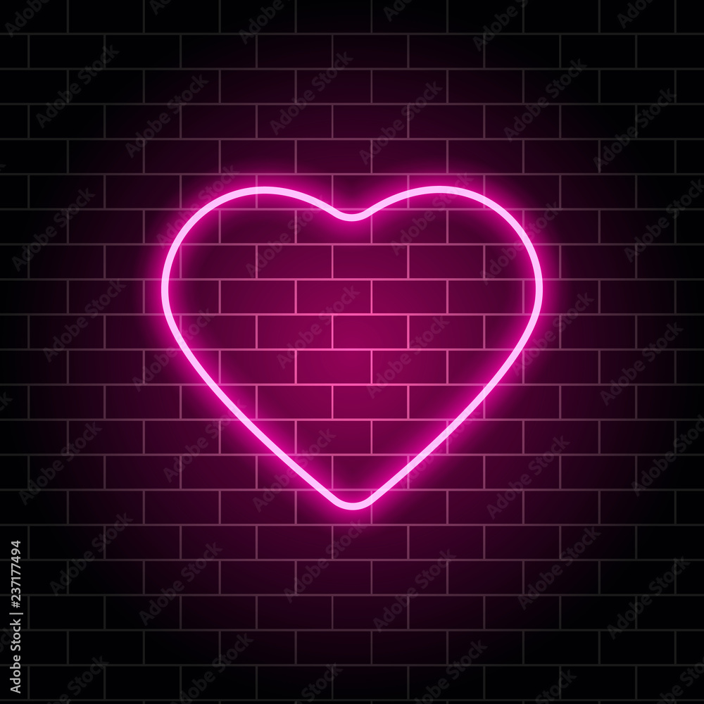 Neon heart. Bright night neon signboard on brick wall background with backlight. Retro pink neon heart sign. Design element for Happy Valentines Day. Night light advertising. Vector illustration
