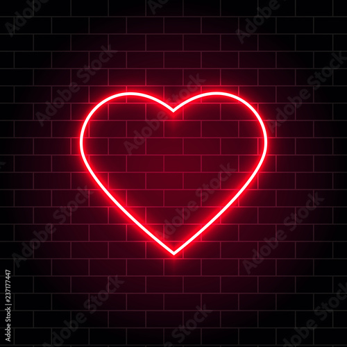 Neon heart. Bright night neon signboard on brick wall background with backlight. Retro red neon heart sign. Romantic design for Happy Valentines Day. Night light advertising. Vector illustration
