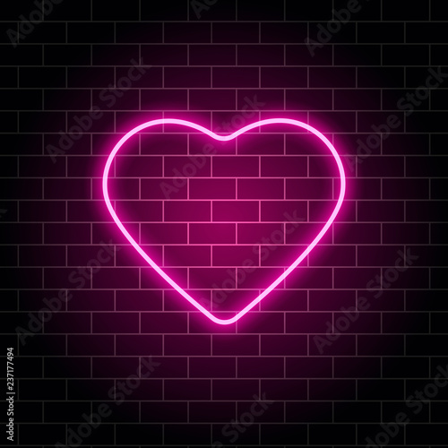 Neon heart. Bright night neon signboard on brick wall background with backlight. Retro pink neon heart sign. Design element for Happy Valentines Day. Night light advertising. Vector illustration