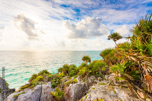 Paradise Scenery of Tulum at tropical coast and beach. Mayan ruins of Tulum, Quintana Roo, Mexico.