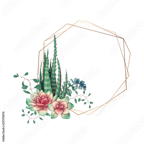 Wedding colorfiull frame with succulent and cacti. Vector.