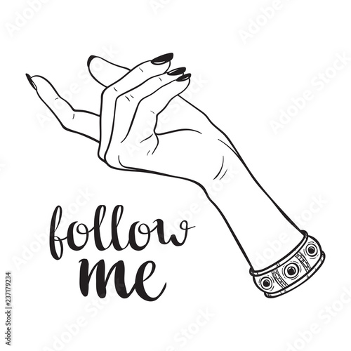 Hand drawn female hand in follow me gesture. Flash tattoo, blackwork, sticker, patch or print design vector illustration