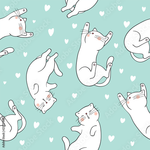 Draw seamless pattern cat with little heart on green pastel.