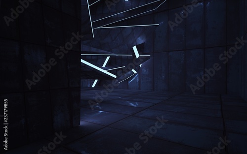 Empty smooth abstract room interior of sheets rusted metal and blue light. Architectural background. Night view of the illuminated. 3D illustration and rendering