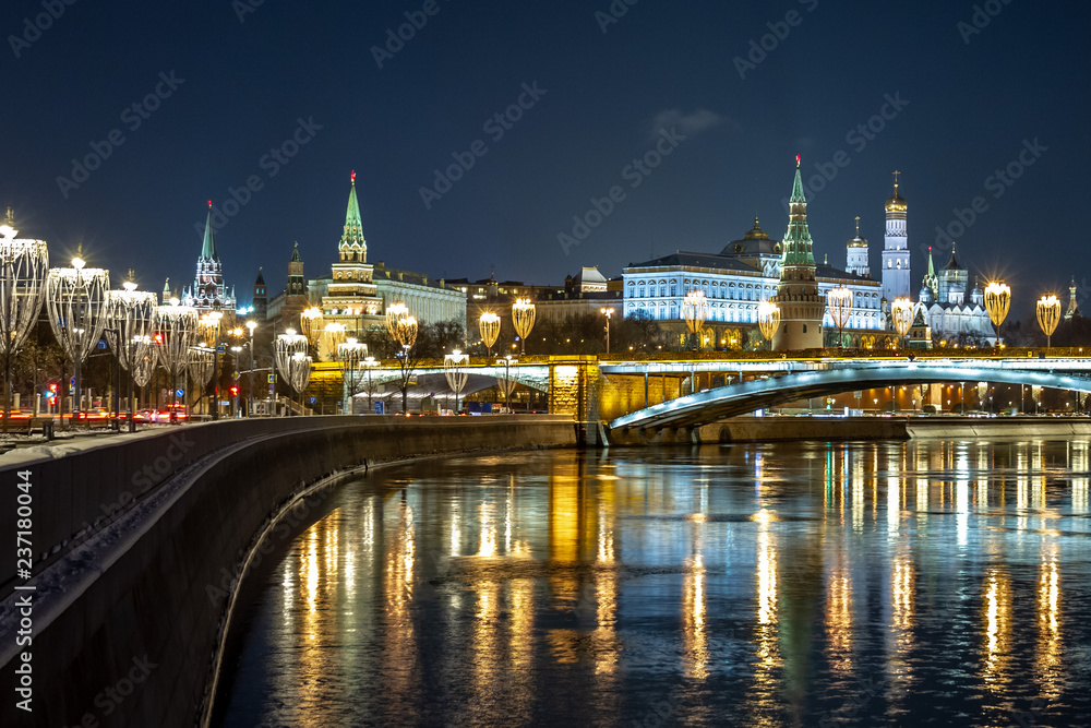  A view of the Kremlin and Moscow river at night. Russia