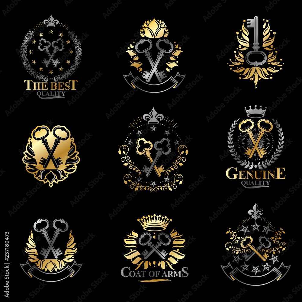 Old Turnkey Keys emblems set. Heraldic vector design elements collection. Retro style label, heraldry logo.