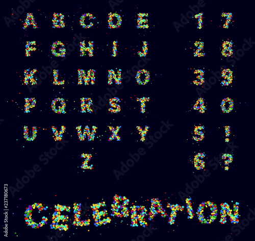 confetti celebration typeface made of colorful circular dots vector illustration