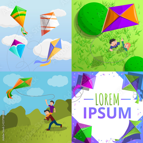 Kite banner set. Cartoon illustration of kite vector banner set for web design