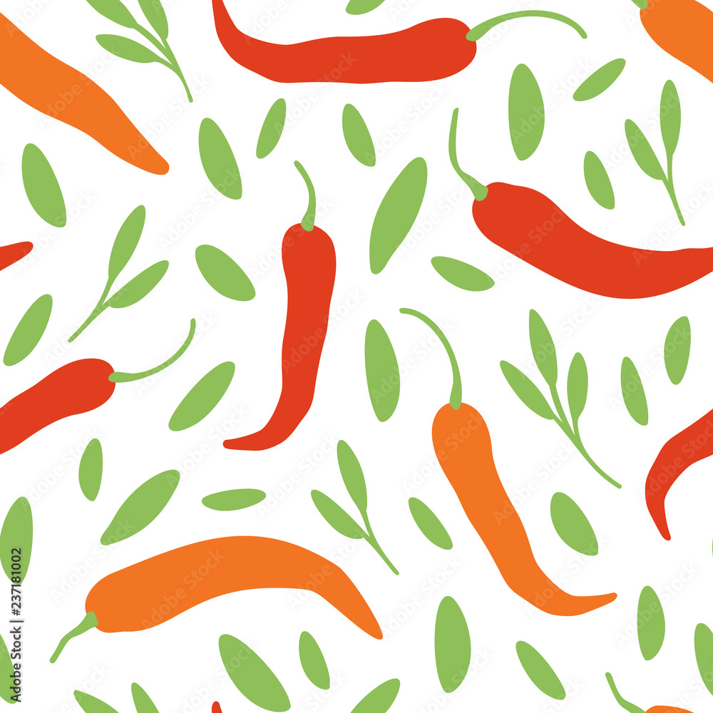 Vector chili, cayenne hot pepper, herbes background. Mexican exotic spicy seamless pattern. Hand drawing food illustration, wrap, fabric, textile Vector chili, cayenne hot pepper, herbes background. Mexican exotic spicy seamless pattern. Hand drawing food illustration, wrap, fabric, textile