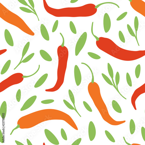 Vector chili, cayenne hot pepper, herbes background. Mexican exotic spicy seamless pattern. Hand drawing food illustration, wrap, fabric, textile