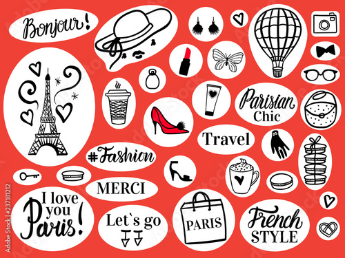 Vector Set fashion illustration on round retro stickers. Black hand drawn sketch Paris and Eiffel Tower.