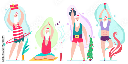 Santa Claus doing yoga and fitness exercises with hula hoop and weight. Cute cartoon vector Christmas character set isolated on a white background. Healthy lifestyle and sport illustration.