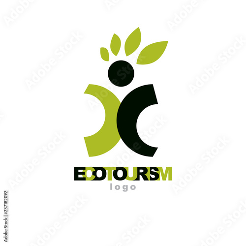 Vector illustration of excited abstract person with raised hands up. Ecotourism conceptual logo. Environmental conservation theme icon. Green ecology metaphor.