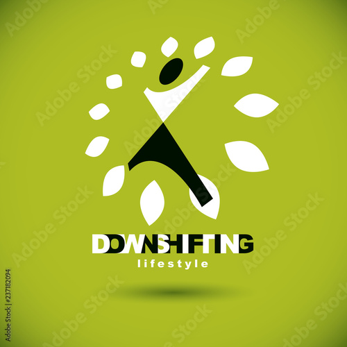 Vector illustration of excited abstract person with raised hands up. Downshifting concept logo. Vegetarian theme icon. Green tourism symbol.