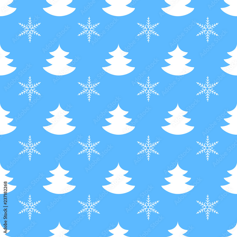 Winter vector seamless pattern with Christmas tree and snowflakes