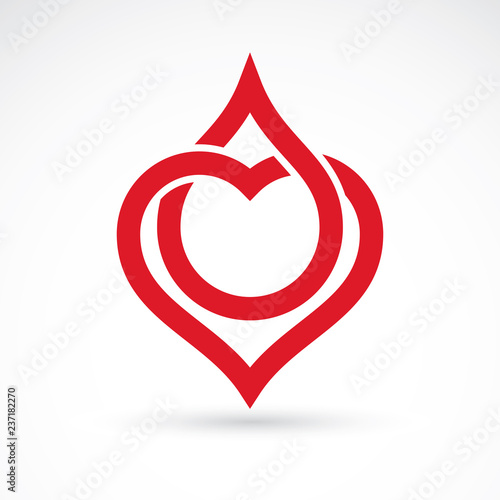 Vector illustration of heart shape and drops of blood. Cardiovascular system diseases remedy conceptual symbol for use in pharmacy.