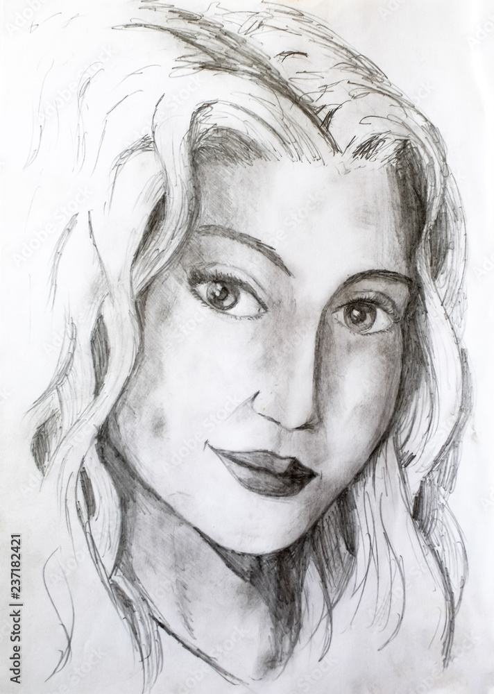 Portrait of a girl, drawn in pencil on white album paper