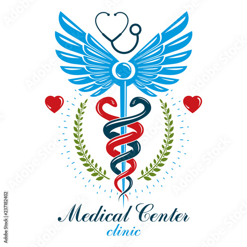 Aesculapius vector abstract business logo for use in medical treatment. Cardiovascular system diseases prevention conceptual emblem.