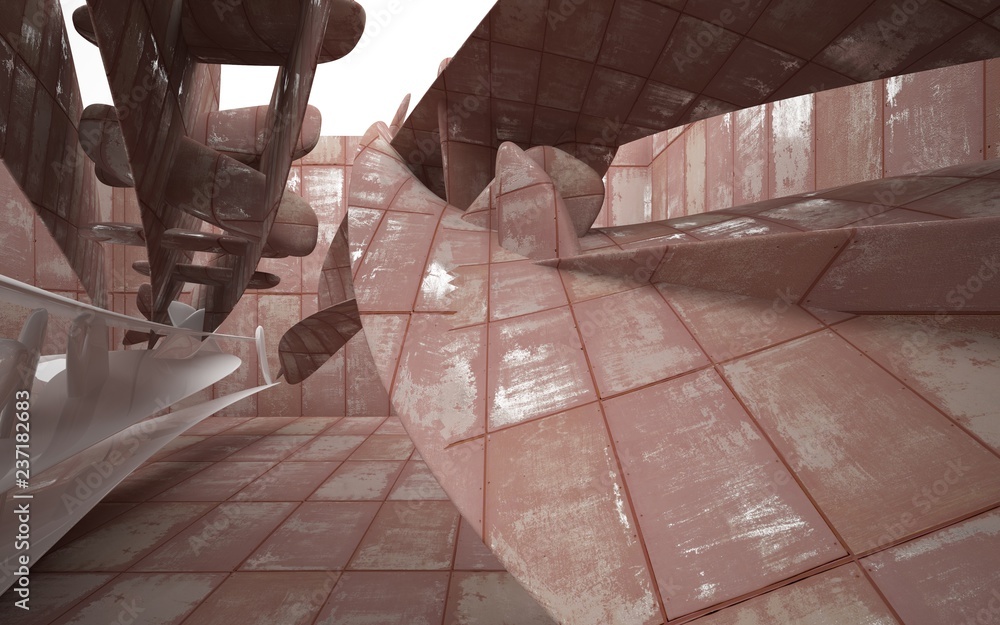 Empty smooth abstract room interior of sheets rusted metal with glossy white surface. Architectural background. 3D illustration and rendering Empty smooth abstract room interior of sheets rusted metal with glossy white surface. Architectural background. 3D illustration and rendering