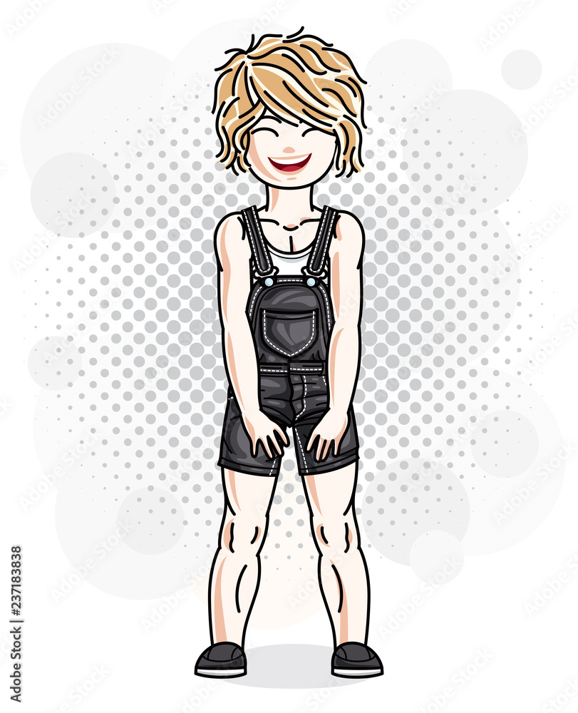 Pretty little blonde girl in jeans wear. Vector illustration of nice child standing. Pretty little blonde girl in jeans wear. Vector illustration of nice child standing.