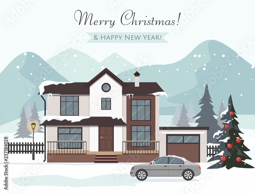 Modern cottage with gray car and Layers of mountain landscape. Christmas greeting card. 