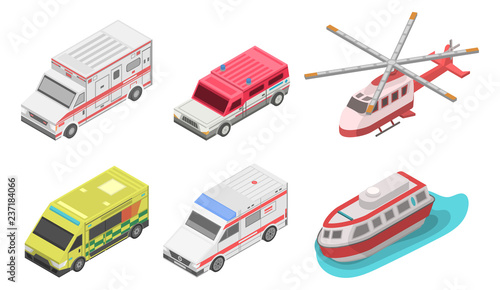 Ambulance icon set. Isometric set of ambulance vector icons for web design isolated on white background