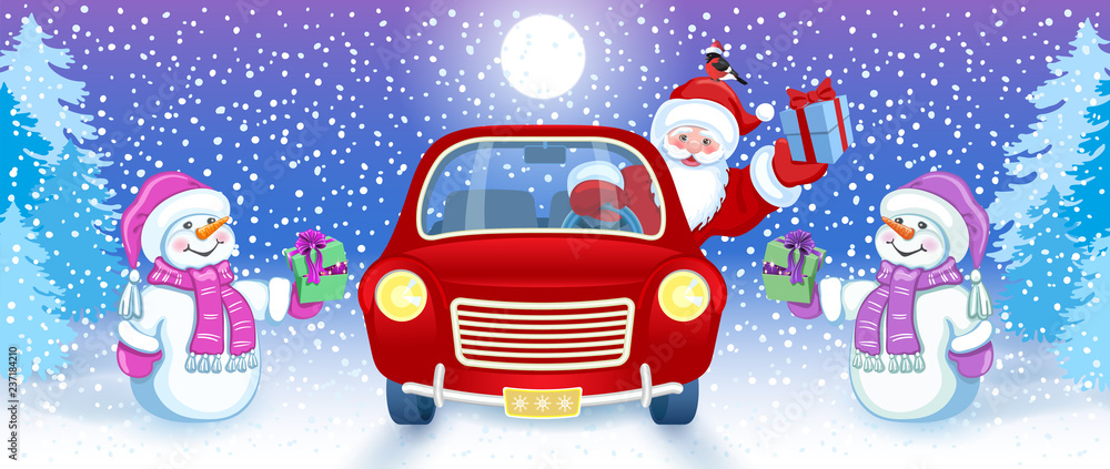 Fototapeta Christmas card with Santa Claus in red car with gift box and Snowman against winter forest background