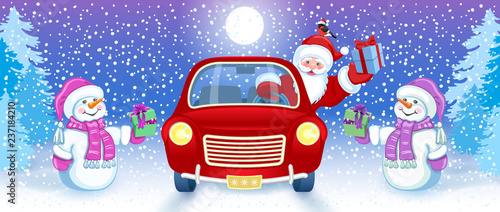 Christmas card with Santa Claus in red car with gift box and Snowman against winter forest background